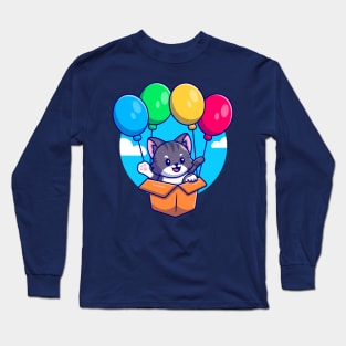 Cute Cat Flying With Cardboard Box And Balloon Cartoon Long Sleeve T-Shirt